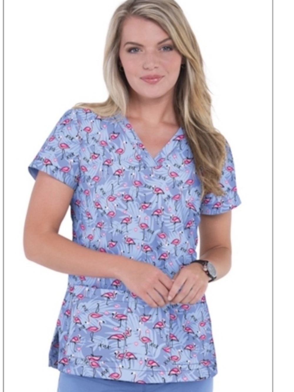 Betsey Johnson Tropical Flamingo Bell  2-Pocket V-Neck Print Scrub Top Med